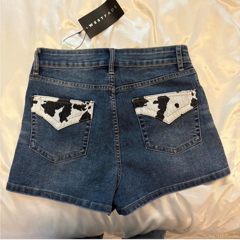 Women's Blue Denim Shorts with cow print Accents